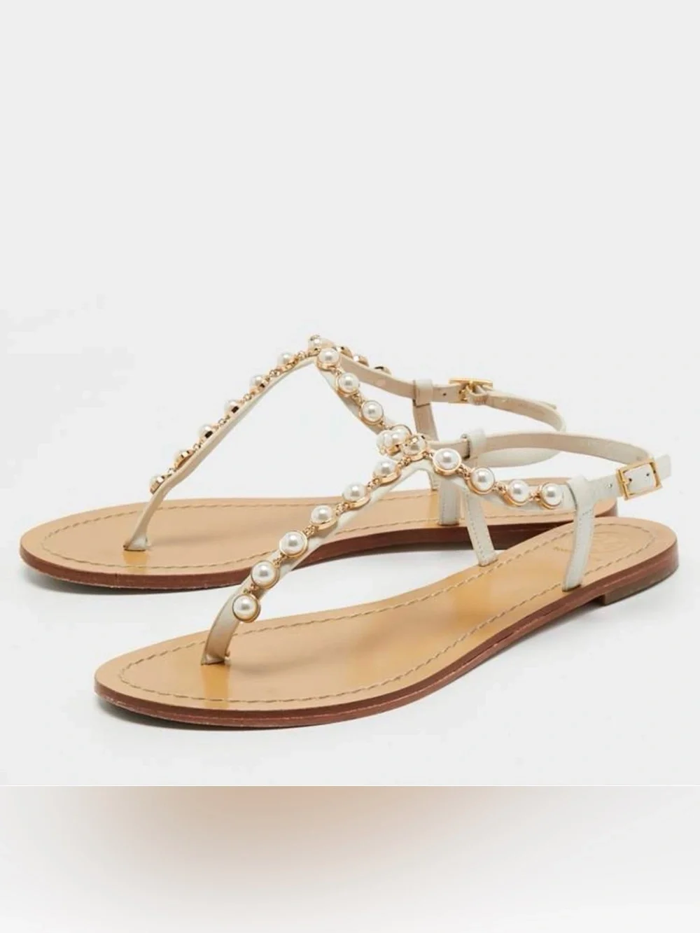 Tory Burch Emmy White Faux Pearl Leather T Strap Sandals 6.5M